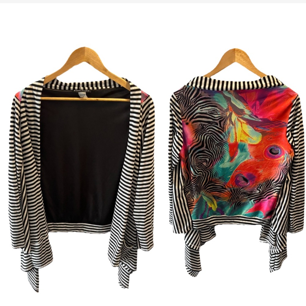 BIANCA NYGARD Sz 12 Striped Abstract Multicolor Open Front Draped Cardigan